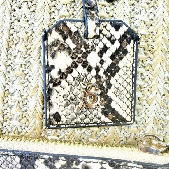 Steve Madden Tote Natural Tan Woven Straw Snakeskin Trim Bonus Pouch - Picture 8 of 12